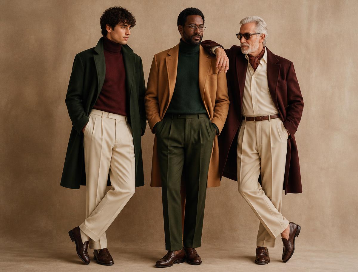 Vier mannen met verschillende huidskleuren, leeftijden en maten in kleurrijke luxe outfits
